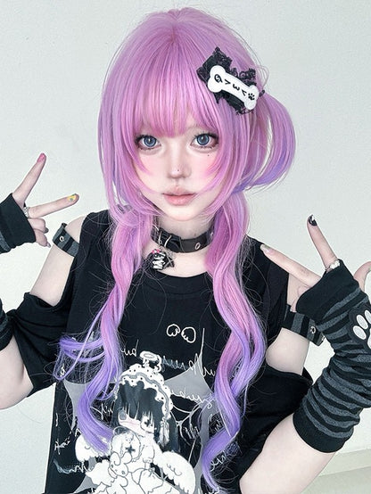 ウィッグ 姫系カラー オンブレヘア 前髪あり ウェーブカット 長さ72cm ピンクパープルエア