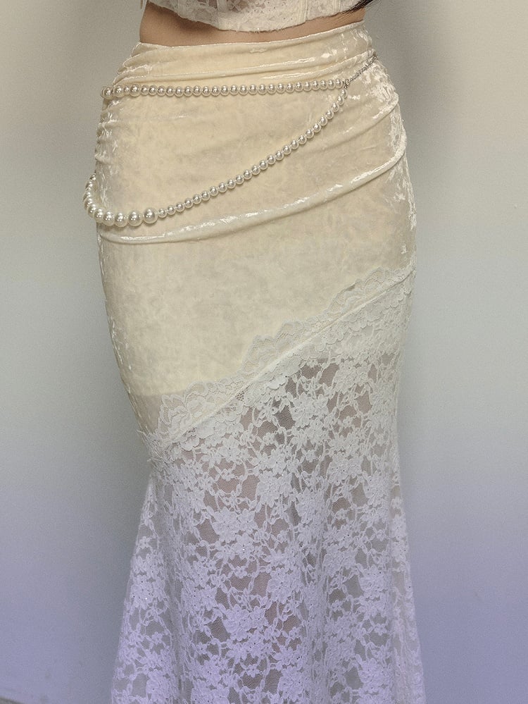 アプリコットハイウエストレースパッチワークマーメイドスカート