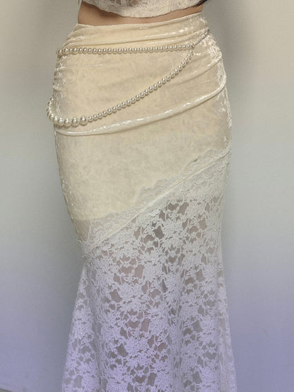 アプリコットハイウエストレースパッチワークマーメイドスカート