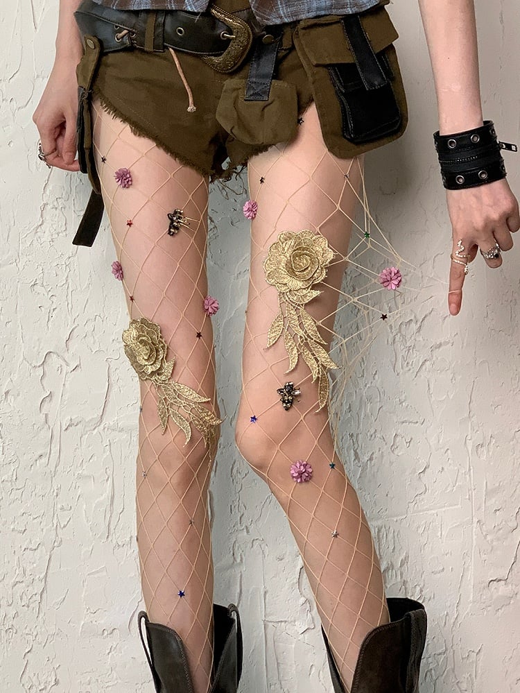 Tights Fishnet Wasteland Floral And Details Star Punk Nude/Black