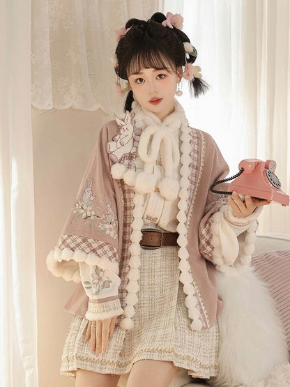 Hanfu-Style Fuzzy Long Sleeve Blouse with Pink Rabbit Embroidered Coat and Pleated Mini Skirt Set - Han Ru Chu Hanfu &amp; Han-Element Studi