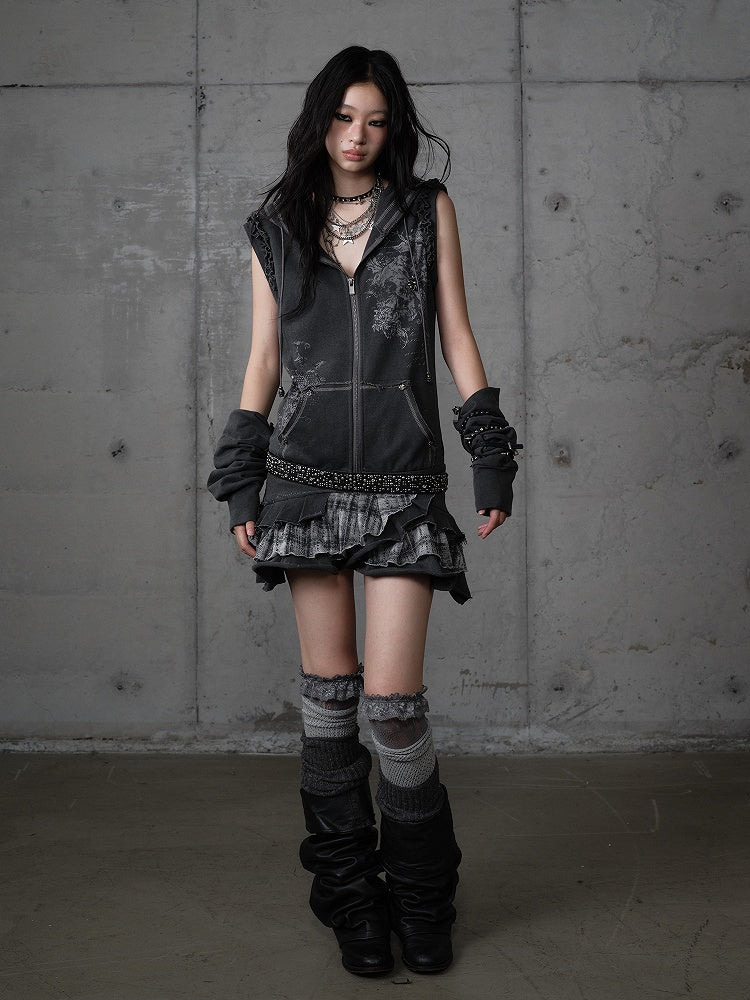 Wasteland Detachable Y2K with Dark Gray Hoodie Skirt Plaid Layered Sleeves Punk Dress
