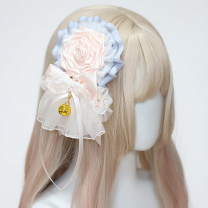 Pink with Golden Hairclip Rose Sweet Blue Ruffles Charm Lolita Bell and