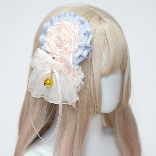 Pink with Golden Hairclip Rose Sweet Blue Ruffles Charm Lolita Bell and