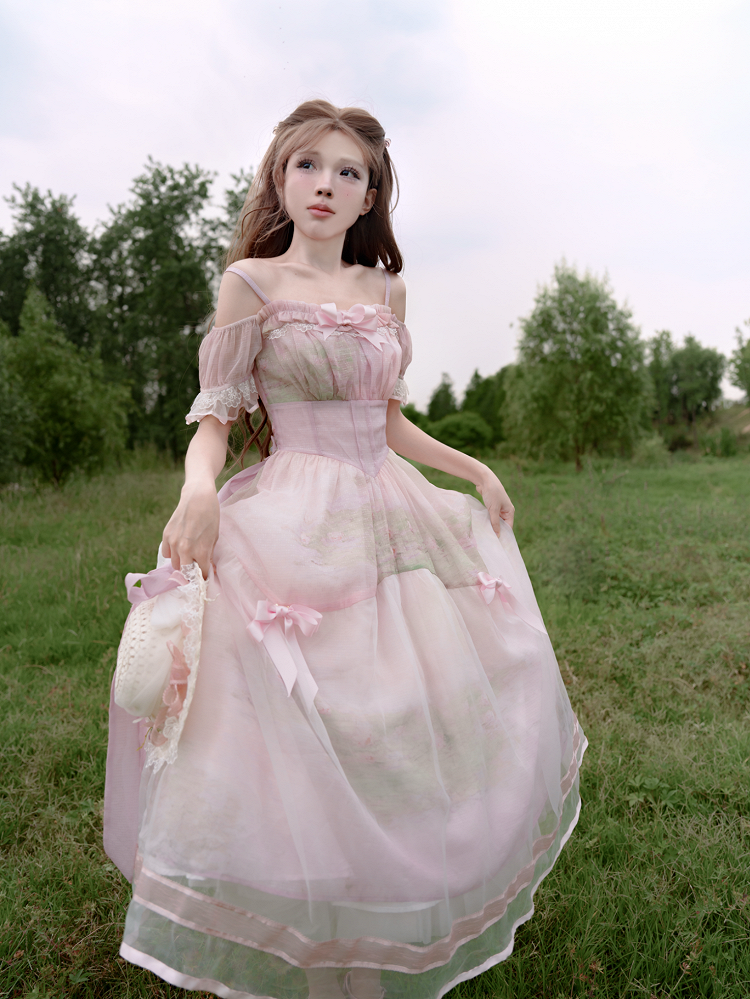 Painting Dress with Organza Overlay Oil Pink Water Lily Print Basque Waist Light