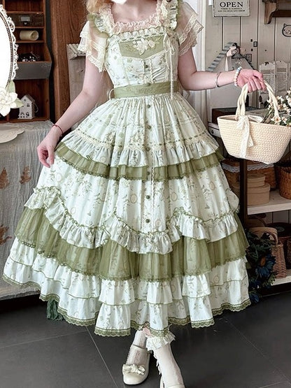 Floral Pink/Green Ruffled Tiered Skirt Lolita JSK Gown with Jasmine Embroidery - ZHIJINYUAN