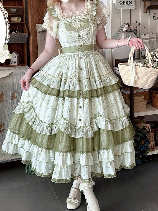 Floral Pink/Green Ruffled Tiered Skirt Lolita JSK Gown with Jasmine Embroidery - ZHIJINYUAN