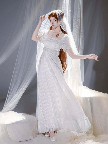 White Square Neckline Empire Dress Lolita OP with Bead Details - sanshanjiu