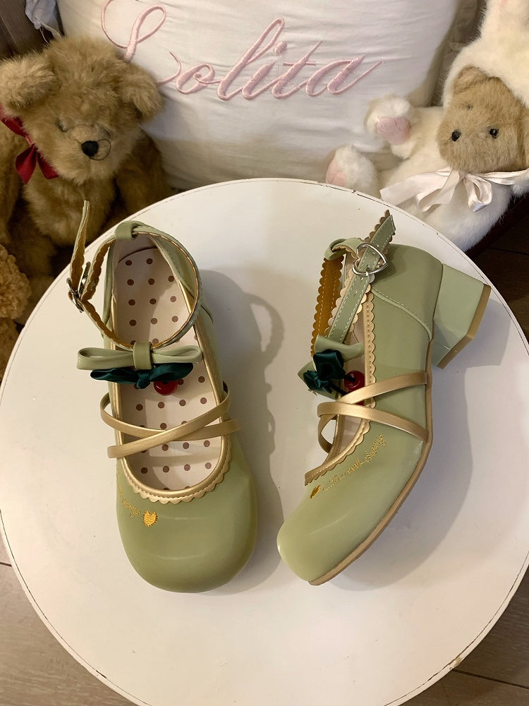 Scalloped Grass Lolita Edges Green Shoes - Cherry Delicate Sweet Jane Motifs Mary