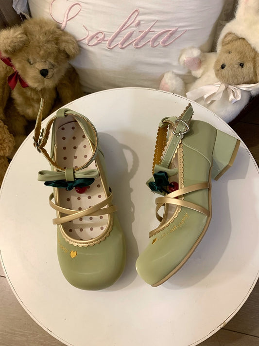 Scalloped Grass Lolita Edges Green Shoes - Cherry Delicate Sweet Jane Motifs Mary