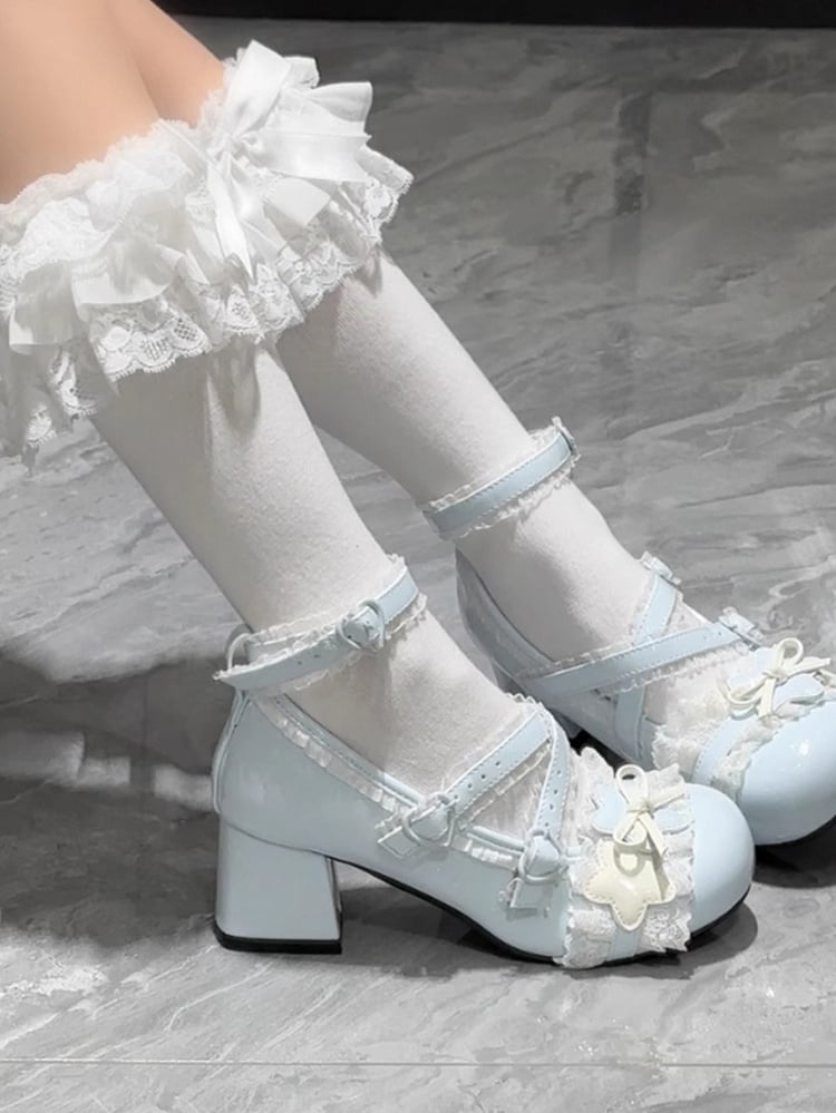 Socks Cuff Ruffle Blue/White/Pink Bow Calf Lace