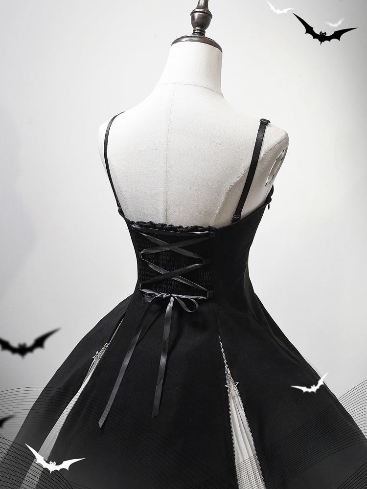 Schulterpullover Taille Schwarzer schmaler Rock Gothic Kleid Träger Dünn Fit Lolita