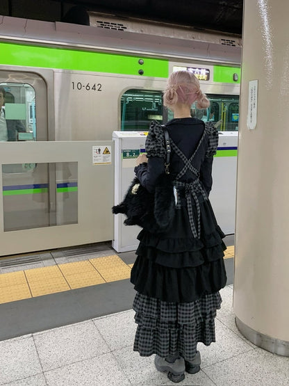 with Plaid Skirt Ankle Length Apron Tiered Trim Ruffle