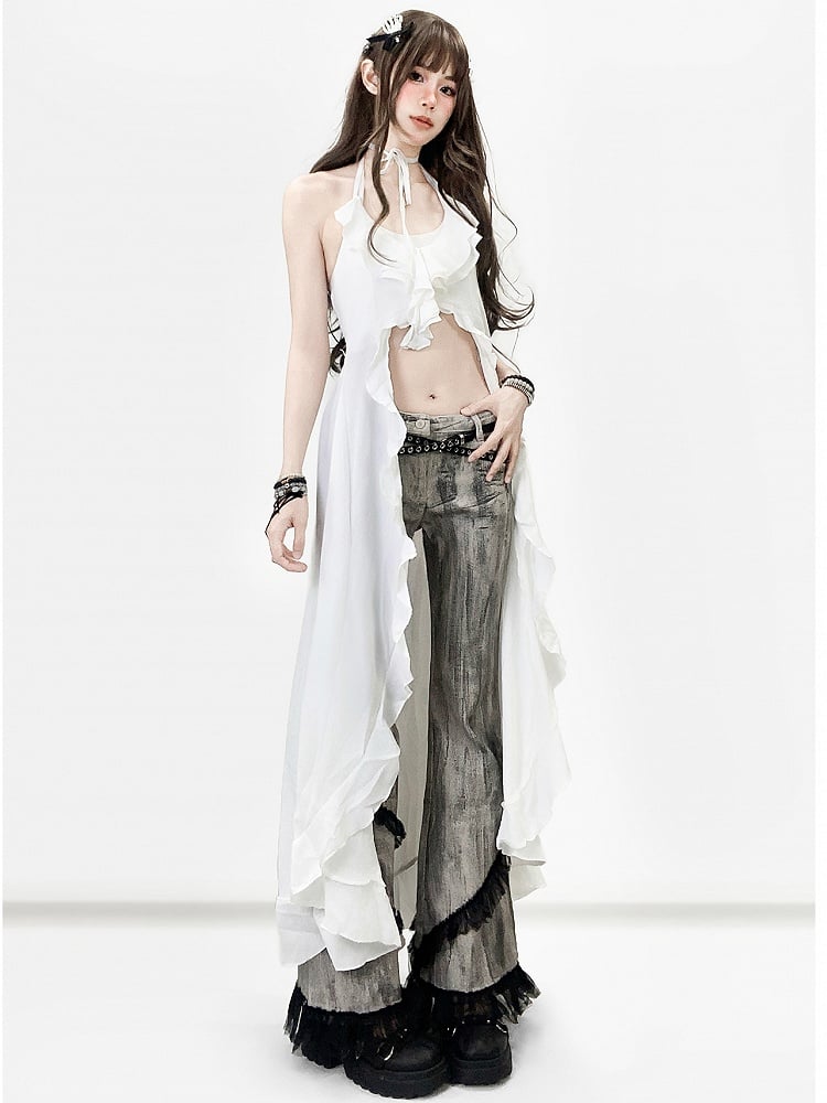 Bittersüße Trim Krawatte Grau Smoky Dye Jeans Silhouette Spitze Flare