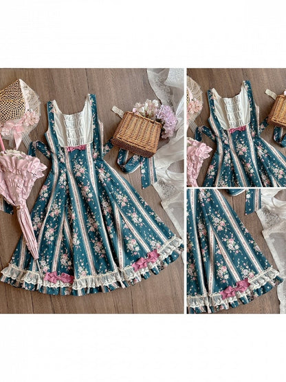 Teal Floral Print Bustier Lolita Dress with Back Lace-Up Detailing - Miss Cube Dressworks