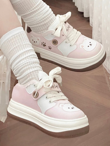 Lace-up Lolita Design with in Print Pink Paw Closure Platform Velcro Sweet Removable Sneakers