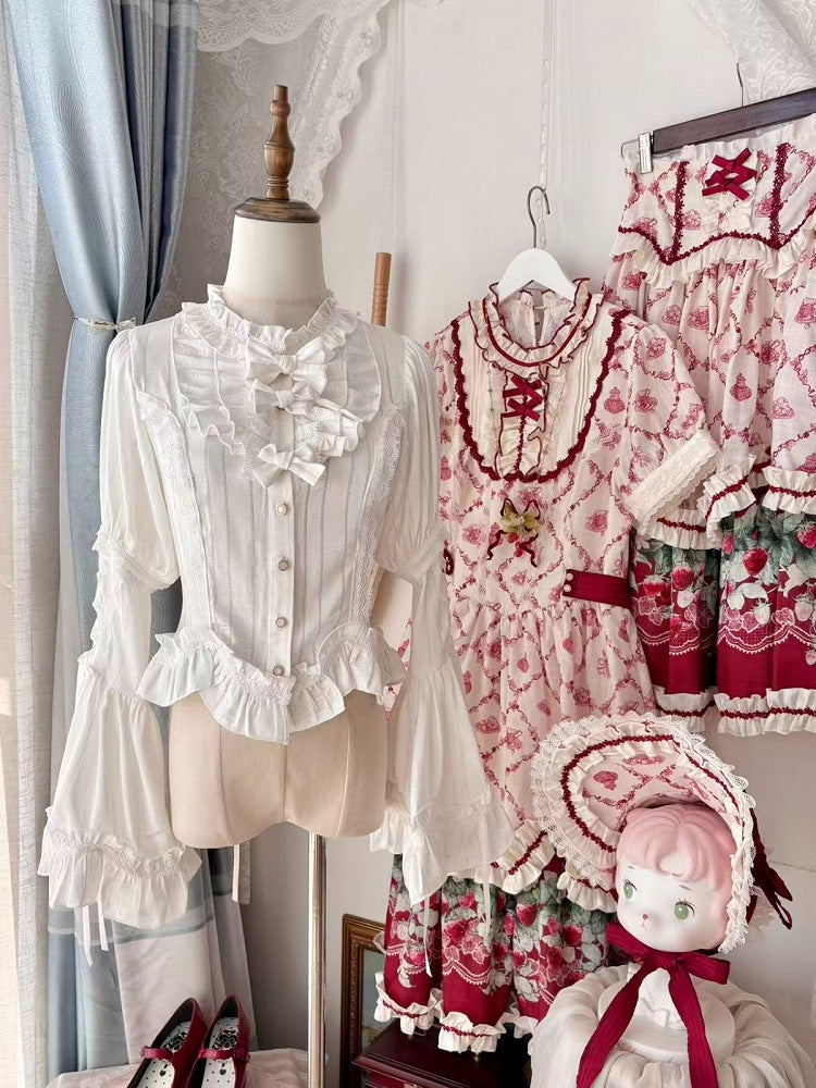 Ruffled Beige & White Shirt with Bowknots & Detachable Bell Sleeves - Currant