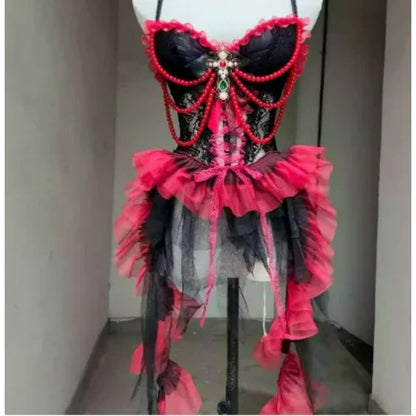 Punk Goth Style Beaded Black Red Irregular Suspender Dresses