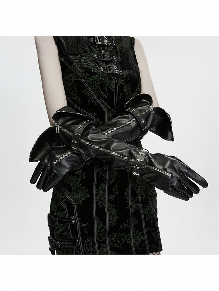 Cross Studded Zipper Long Arm Goth Gloves in Black - Punk Rave