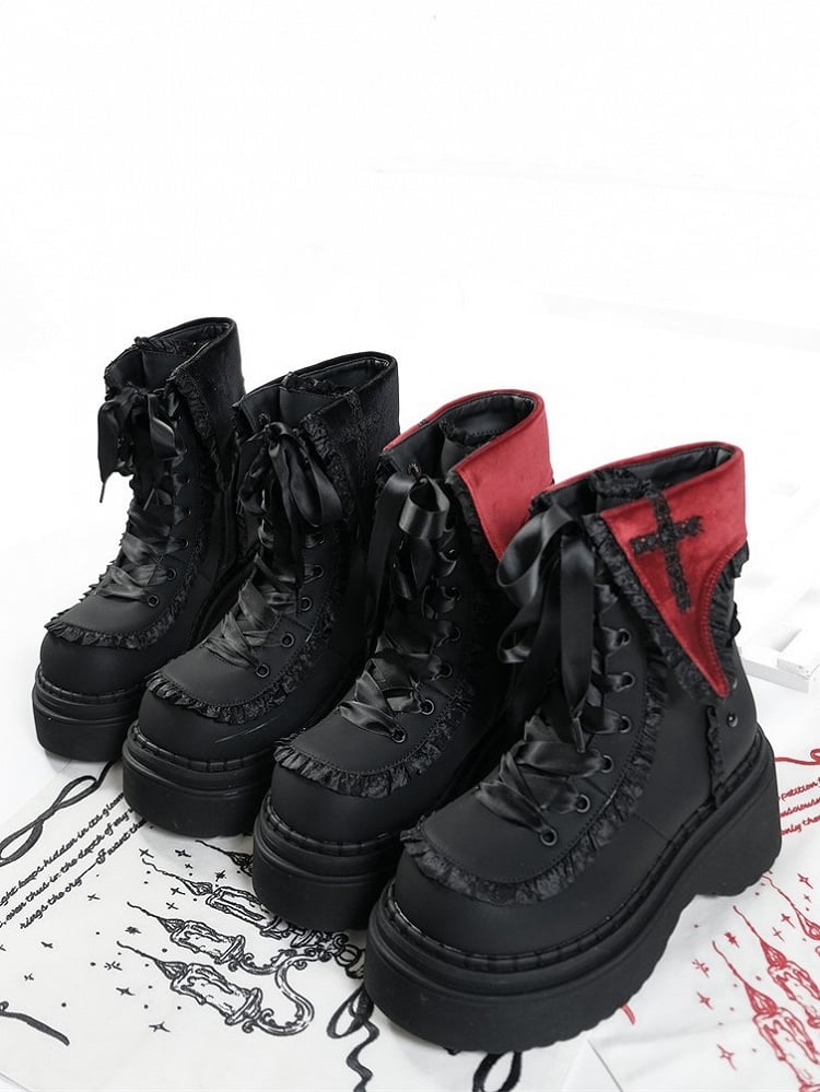 Red Gothic Studded Ankle with Accents Cross Boots Platform Details Black