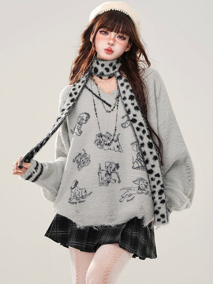 Grauer, lockerer Pullover mit V-Ausschnitt und kostenlosem Schal