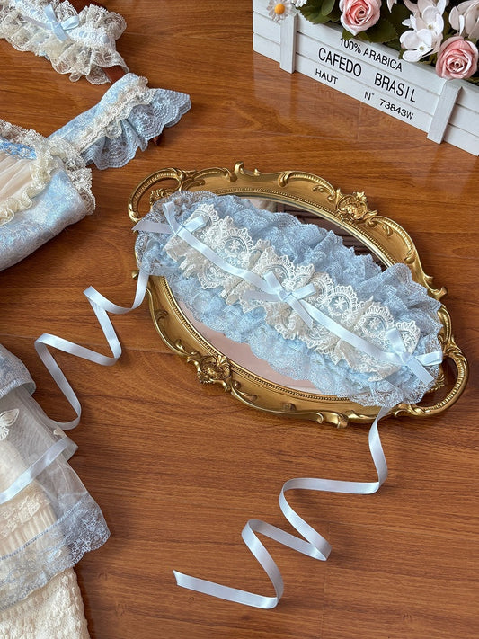 Blue & White Lolita Hairband with Lace Trim and Bow Decoration - Flying ear rabbit