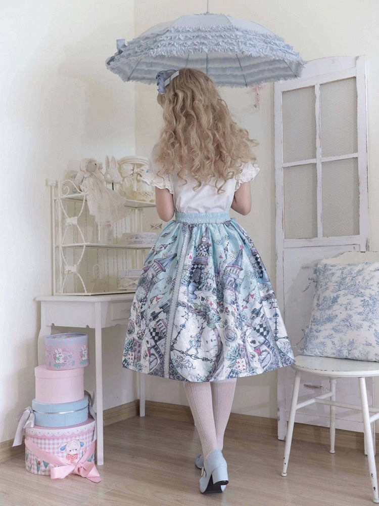 Theme Lolita Skirt Sweet Alice Blue Wonderland in Print