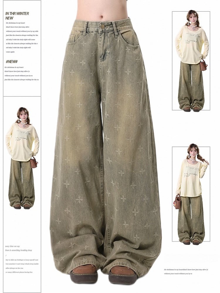 Wide-Leg Faded Blue Detailing Vintage with Patterned Wash Jeans