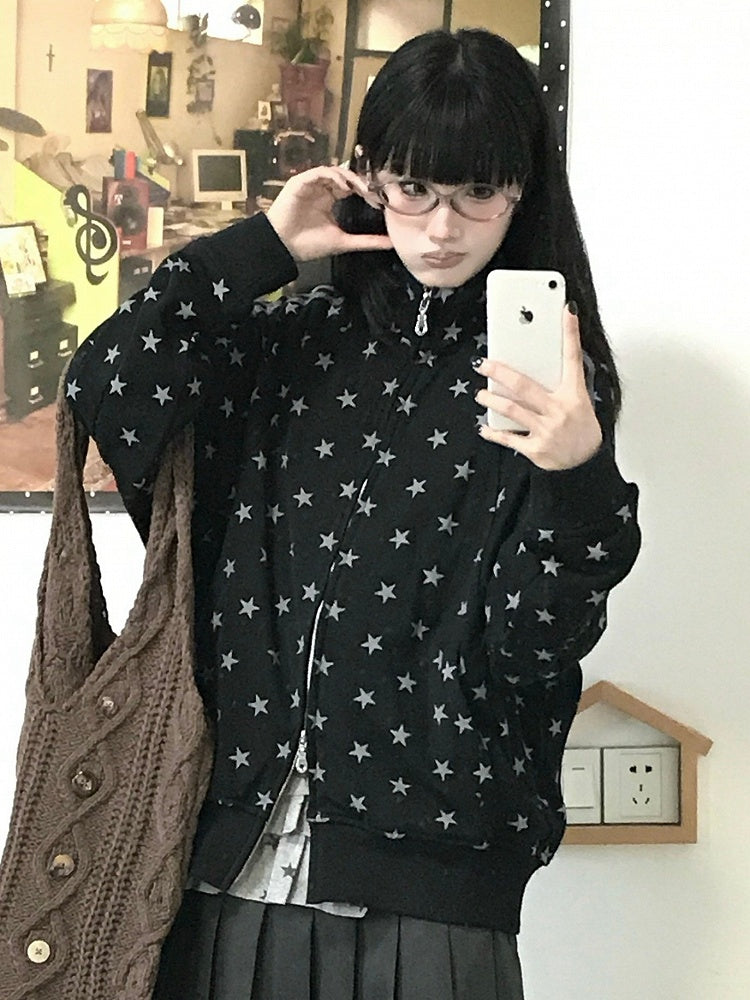Collar Star Y2K Stand Motif Jacket Black with