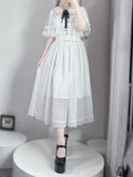 Kei Design Jirai Long and Lace-up Waist Fabric with Cape White Dress Chiffon