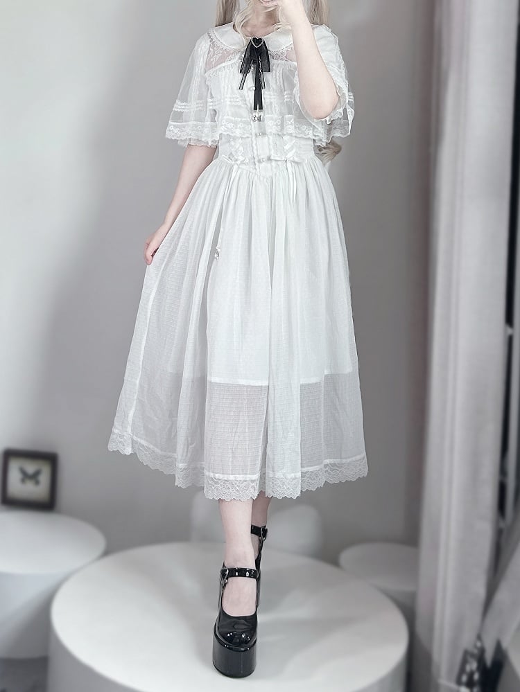 Kei Design Jirai Long and Lace-up Waist Fabric with Cape White Dress Chiffon
