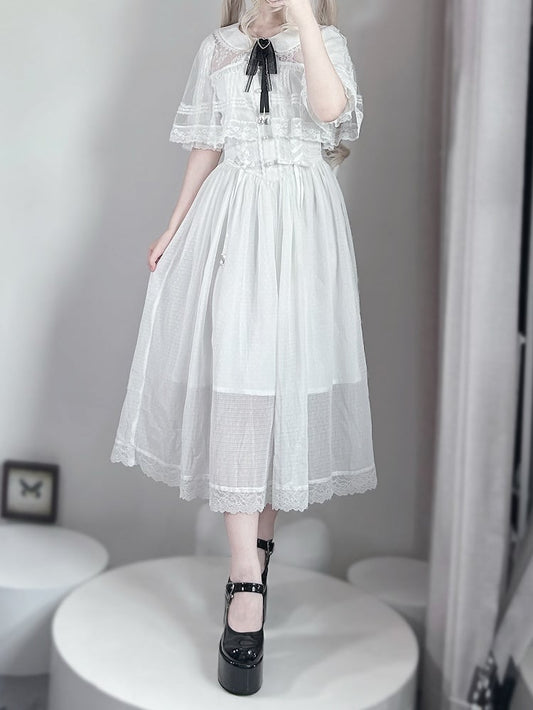 Kei Design Jirai Long and Lace-up Waist Fabric with Cape White Dress Chiffon