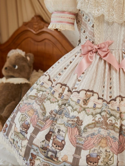 Dress Printed Bear Lolita Lace-Trimmed with Sweet Beige Accents Bow