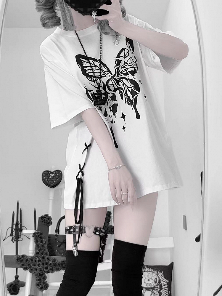 Jirai Broken Butterfly Print Lace-up Side Black/White T-shirt Kei