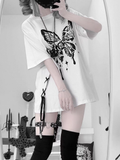 Broken Butterfly Print Lace-up Side Black/White Kei T-shirt Jirai