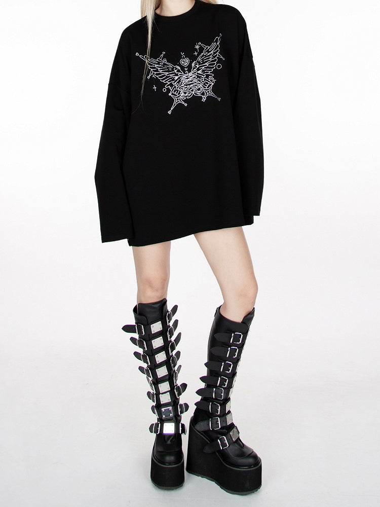 ブラックラインストーンバタフライルーズスウェットシャツ