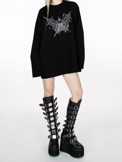 ブラックラインストーンバタフライルーズスウェットシャツ