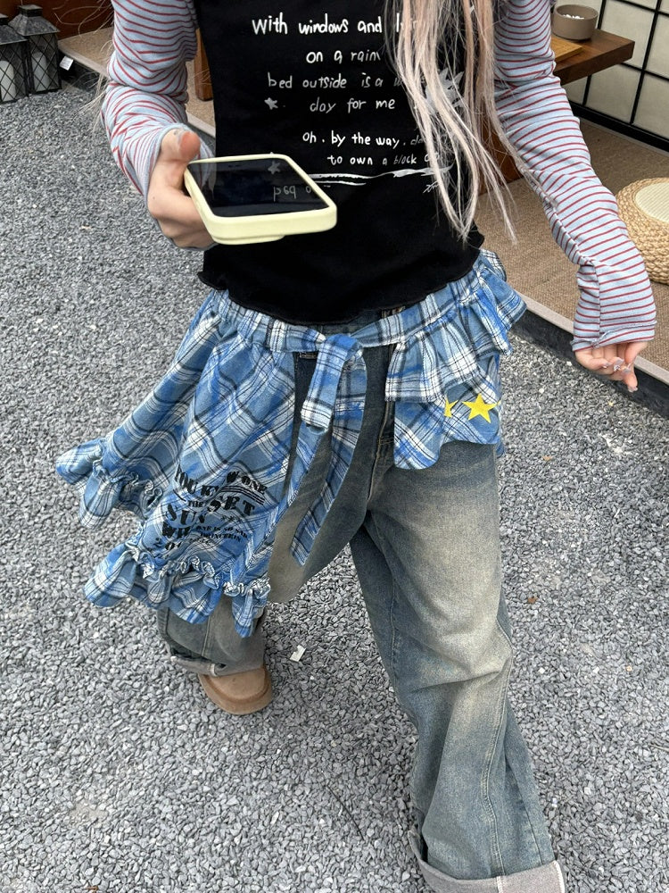 Flounce Pattern Blue Embellishments Apron Star with Retro Hem Skirt Self-tie and Plaid