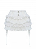 Lace Rose-Shaped White and Tiered Buttons Trim Skort Silver with