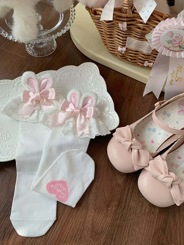 Bunny and Pink Ears with Lolita Bows Polka-dot Socks Calf Butterfly