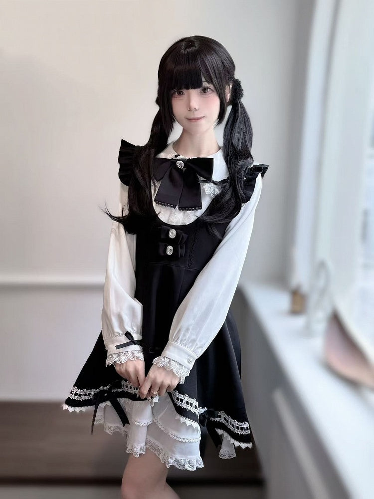 Schwarzer Jirai Kei-Stufenrock mit Schleifen am Saum des Kleides