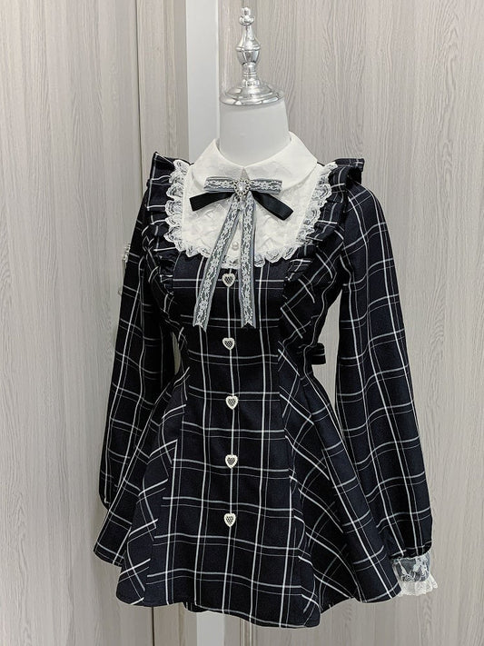 Verziertes Minikleid + Shorts Herzförmige Taille Flatter Jirai Kei Schwarz Weiß Kariertes Set mit hohen Ärmeln