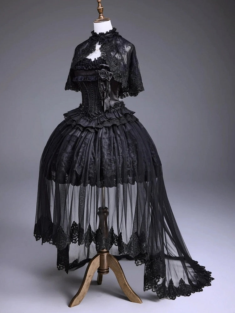 Black Kuro Elegant JSK Set with Cape and Floral Accent - Airfreeing