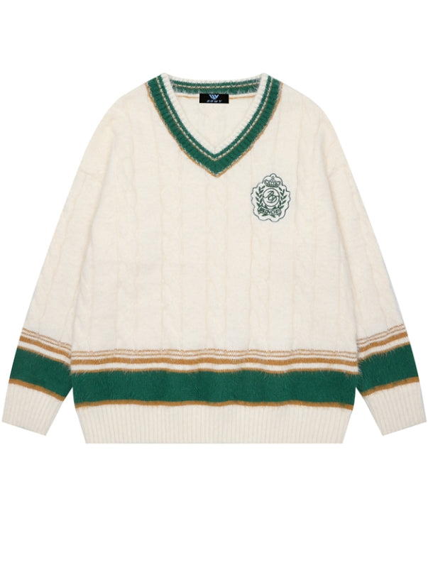 レッド/ブルー/ホワイト Vネック プレッピースタイル ルーズセーター