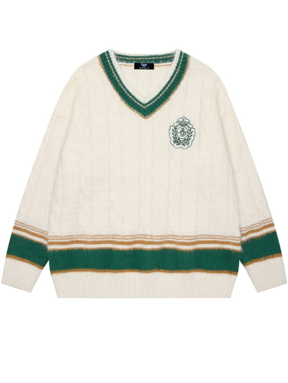 レッド/ブルー/ホワイト Vネック プレッピースタイル ルーズセーター