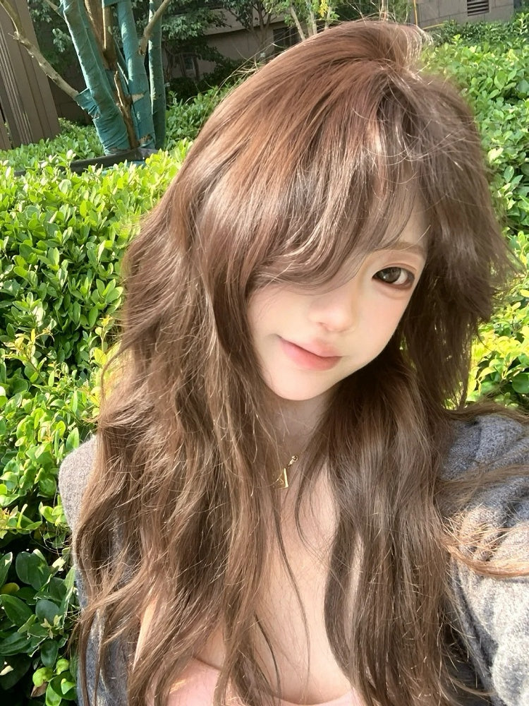 Wavy Brown Curtain Bangs Wig 60CM Long | Hui Ran