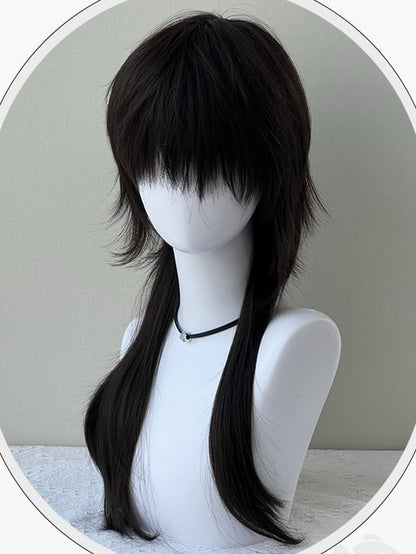 Schwarze, lange, glatte Kunsthaarperücke mit Pony