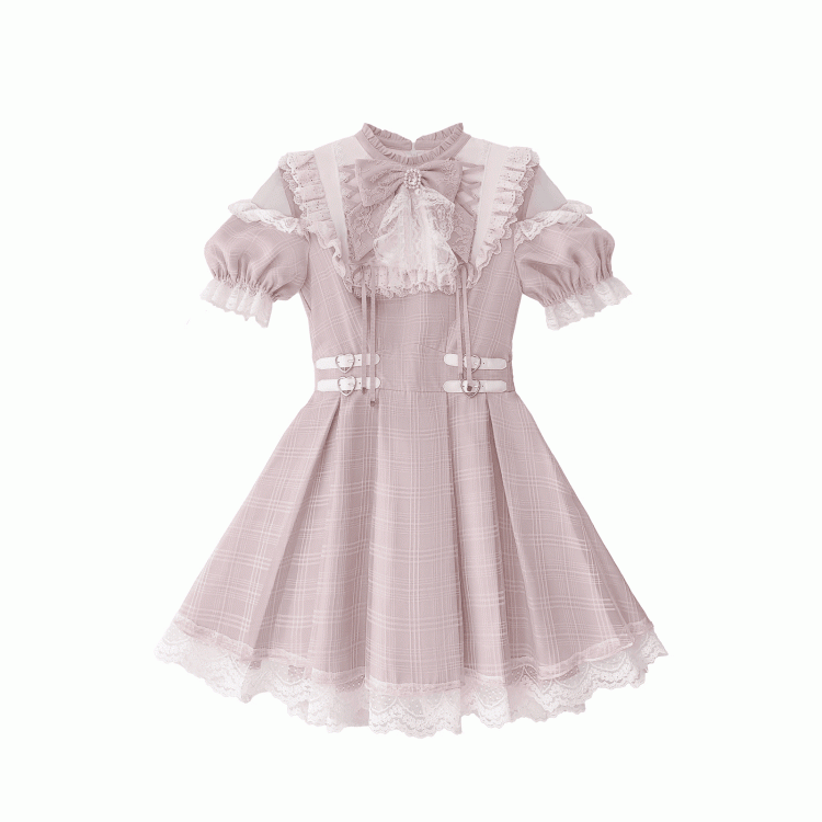 Cutout Neck Kei with Pink Lace Plaid Lace-up Dusty Jirai in Style White Shoulder Dress Details