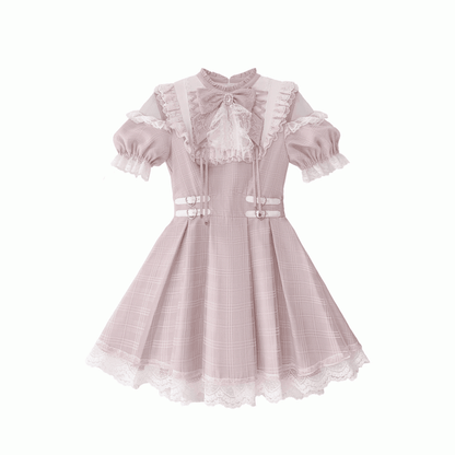 Cutout Neck Kei with Pink Lace Plaid Lace-up Dusty Jirai in Style White Shoulder Dress Details