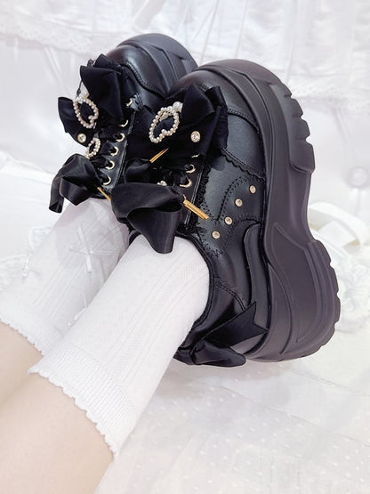 - Kei Lace-Up Shoes Heart Details Black Platform Trim Jirai with Beaded Bow Lace Design Rhinestone